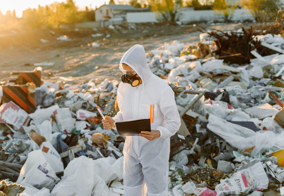 A person dressed in a white protective coverall suit, including a hood and gloves, stands amidst a large pile of mixed waste and rubbish, including plastic bags, cardboard, and household debris, in an outdoor area during late afternoon with warm sunlight. They are wearing protective goggles and a mask, holding a clipboard in one hand and a pen in the other, appearing to assess or document the waste. The environment suggests an unmanaged site or an area undergoing waste clearance, with surrounding scattered materials and a distant background of trees and buildings. This scene reflects the process of waste inspection or environmental assessment related to rubbish removal services, such as those provided by Rubbish Removal Lewisham, highlighting the importance of proper waste management and alternative disposal methods outside local authority collection.